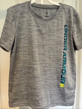 Under Armour Gray Heather Short Sleeve Tee with Teal Vertical Logo